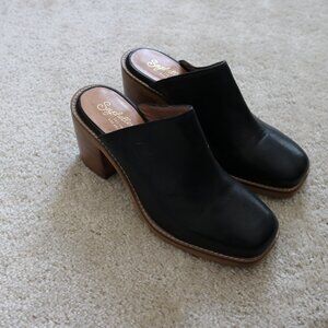 Seychelles Black Leather Clog Mules with Brown Wood Heel